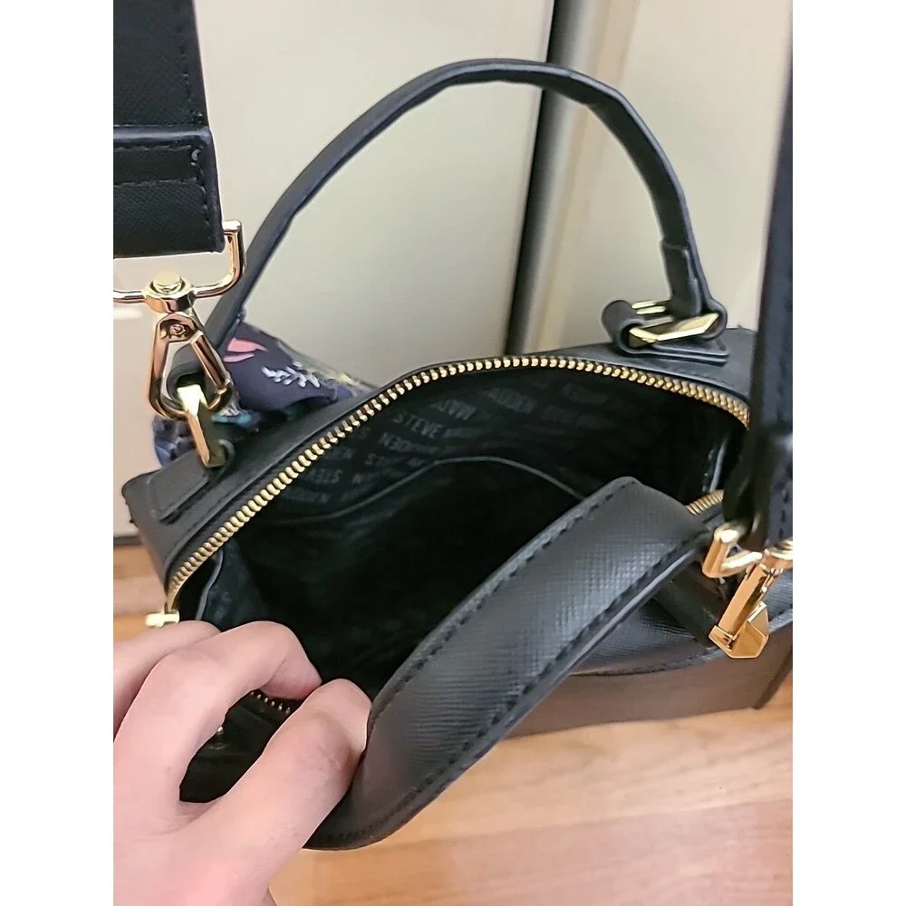 Steve Madden satchel crossbody bag Black Ribbon Gold zipper pockets - Picture 12 of 16